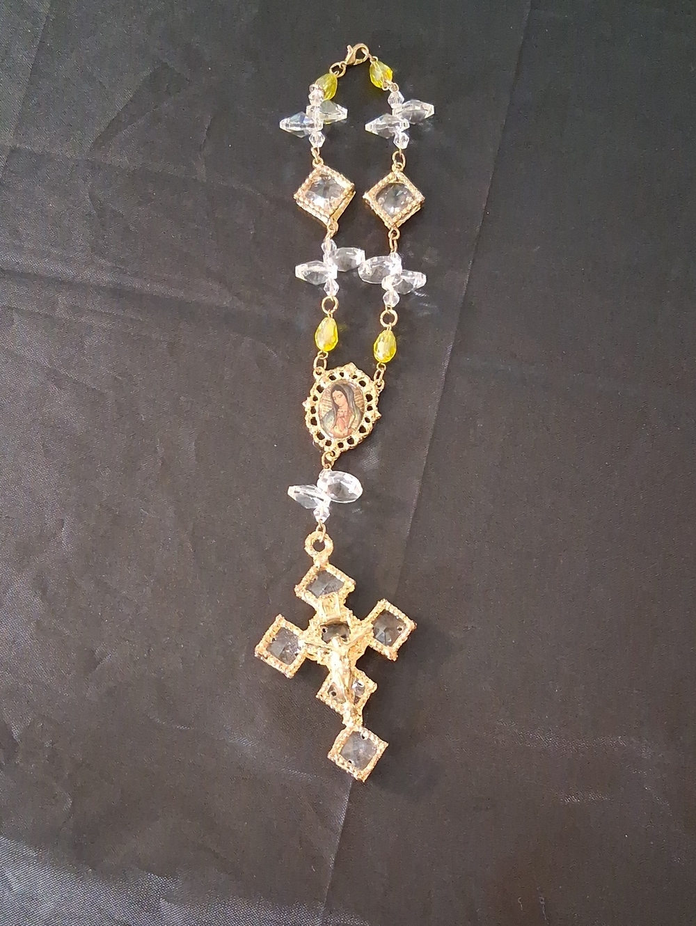 Gold Tone Venetian Crucifix 10" Auto Car Rosary NWOT Made in Mexico  (A)
